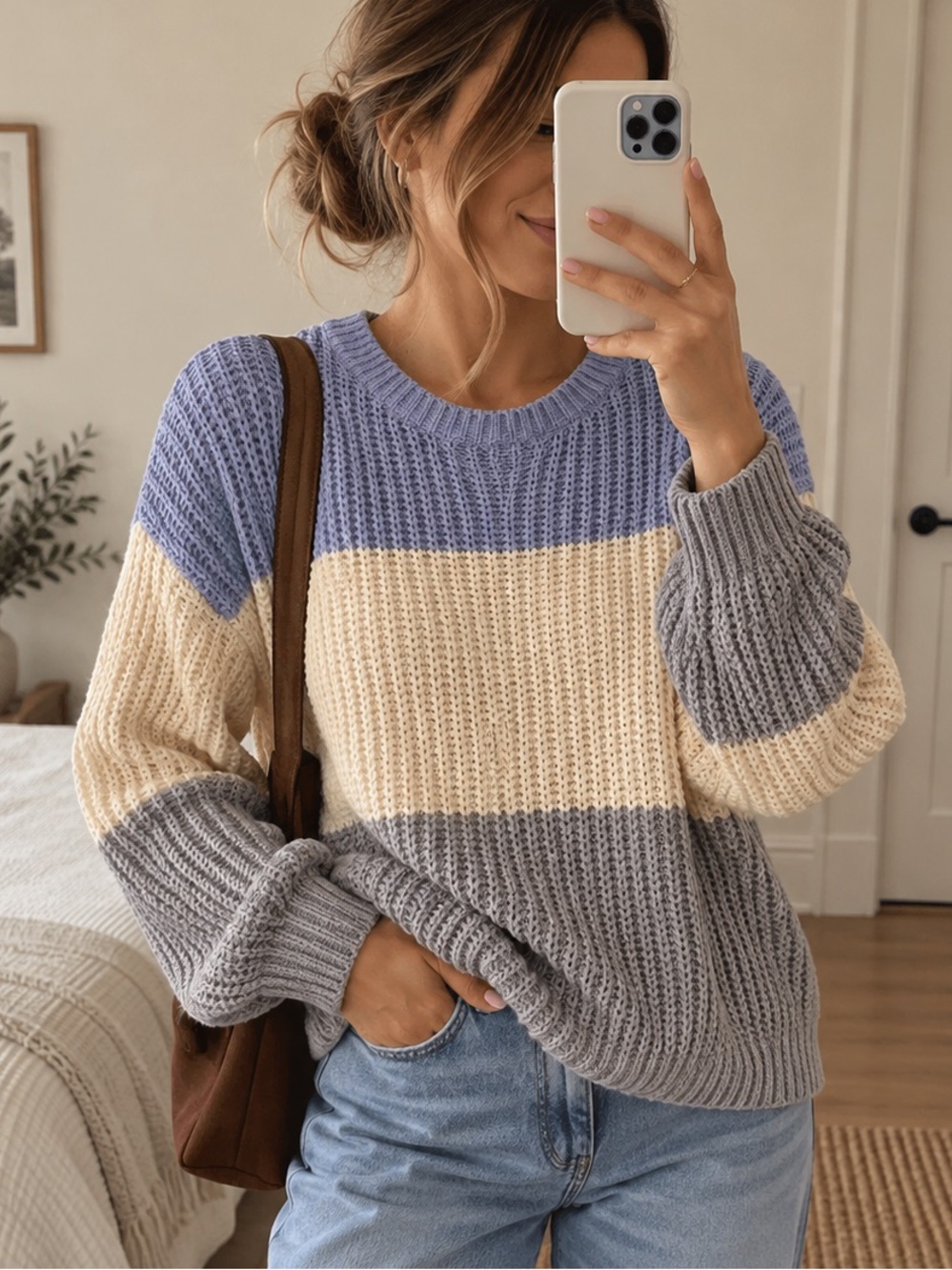 Style Rack Lavender, Cream & Light Gray Colorblock Crewneck Sweater